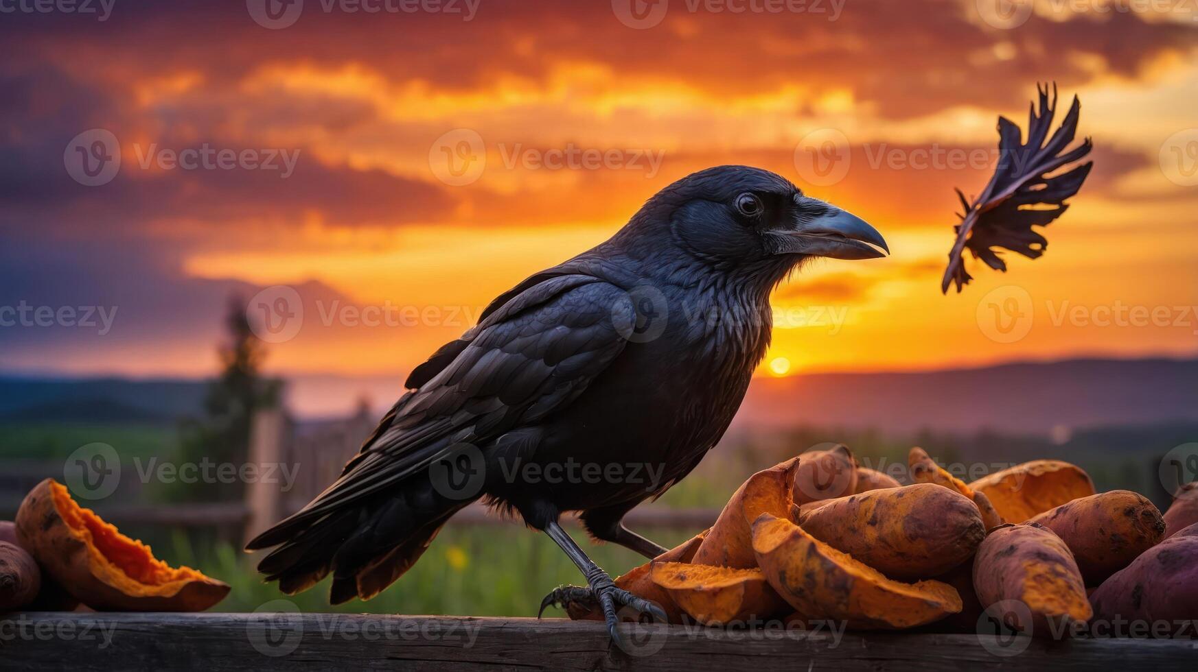 A raven perched beside sweet potatoes against a vibrant sunset backdrop. photo