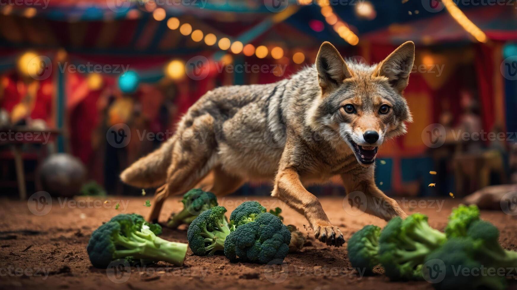 A coyote playfully interacting with broccoli in a vibrant circus-like setting. photo