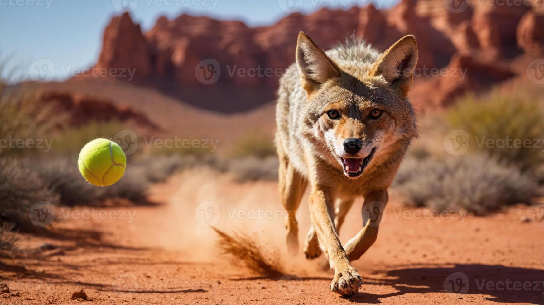 A coyote runs energetically towards a tennis ball in a desert landscape. photo