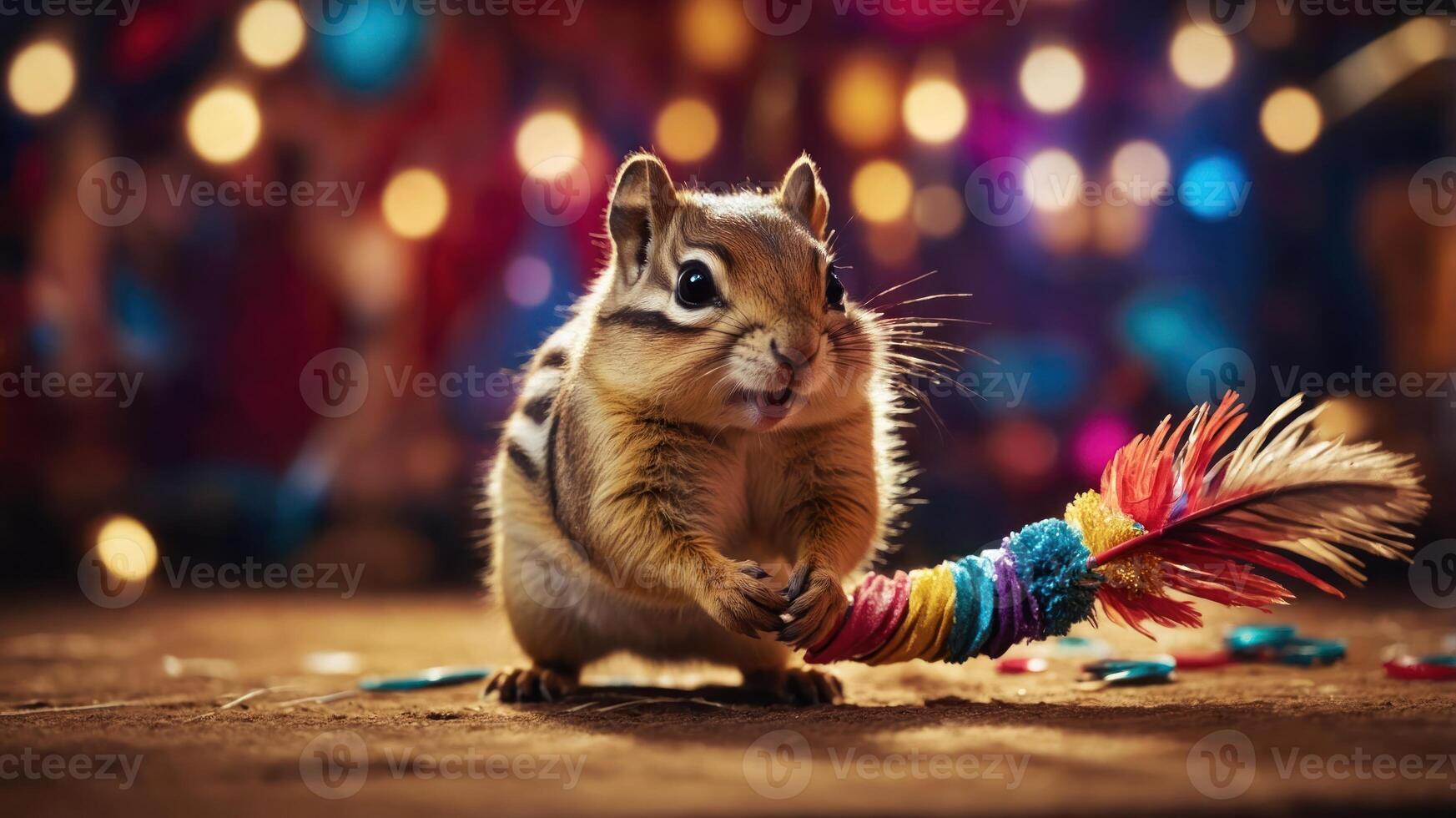 A playful chipmunk holds a colorful toy in a vibrant, festive setting. photo