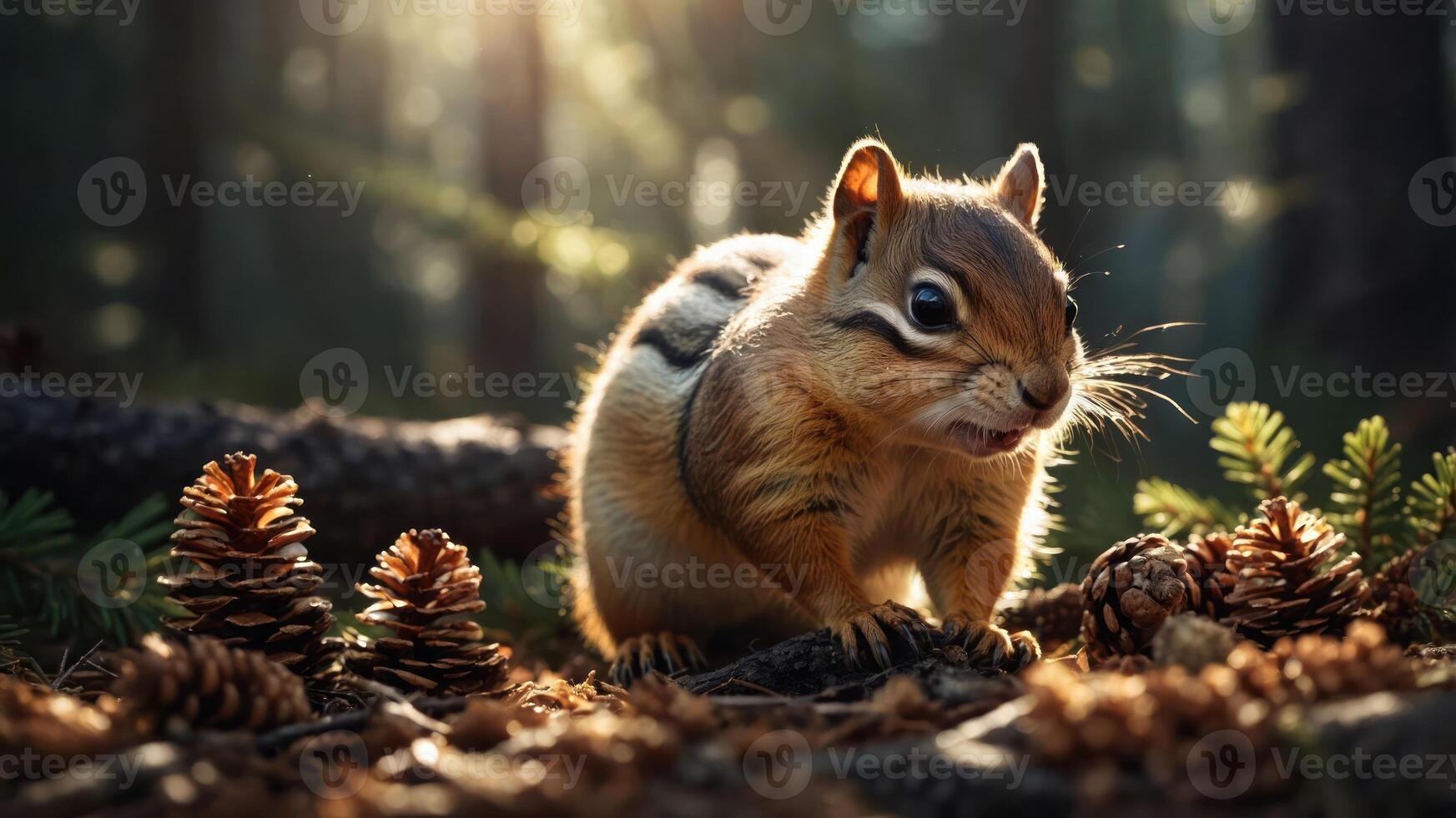 A close-up of a chipmunk among pine cones in a sunlit forest. photo