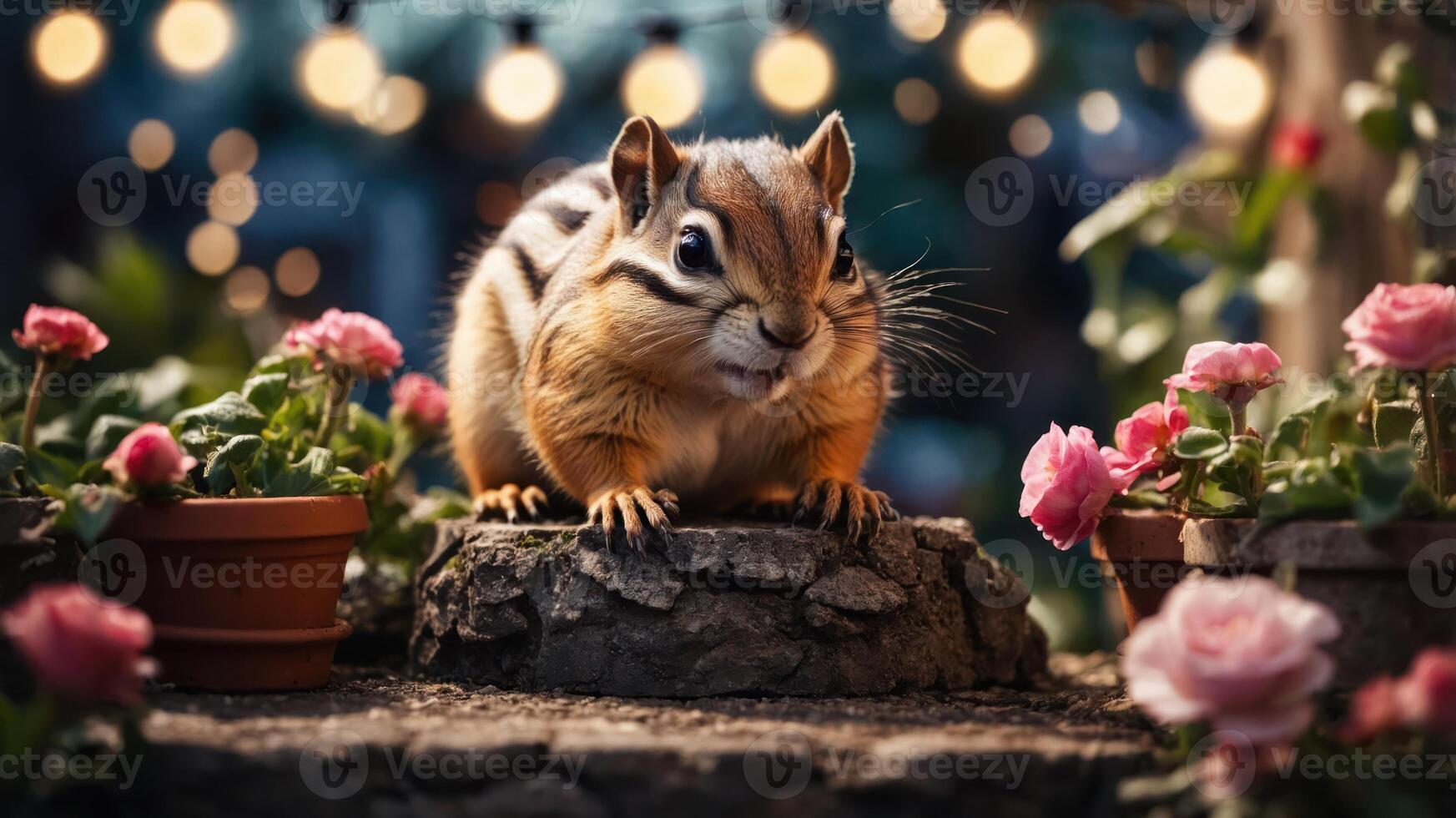 A chipmunk perched on a stone surrounded by flowers and fairy lights. photo