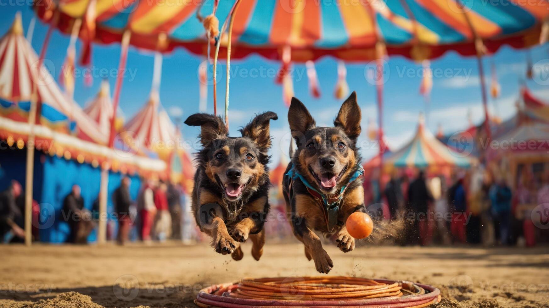 Two dogs joyfully jumping through a hoop at a vibrant circus setting. photo