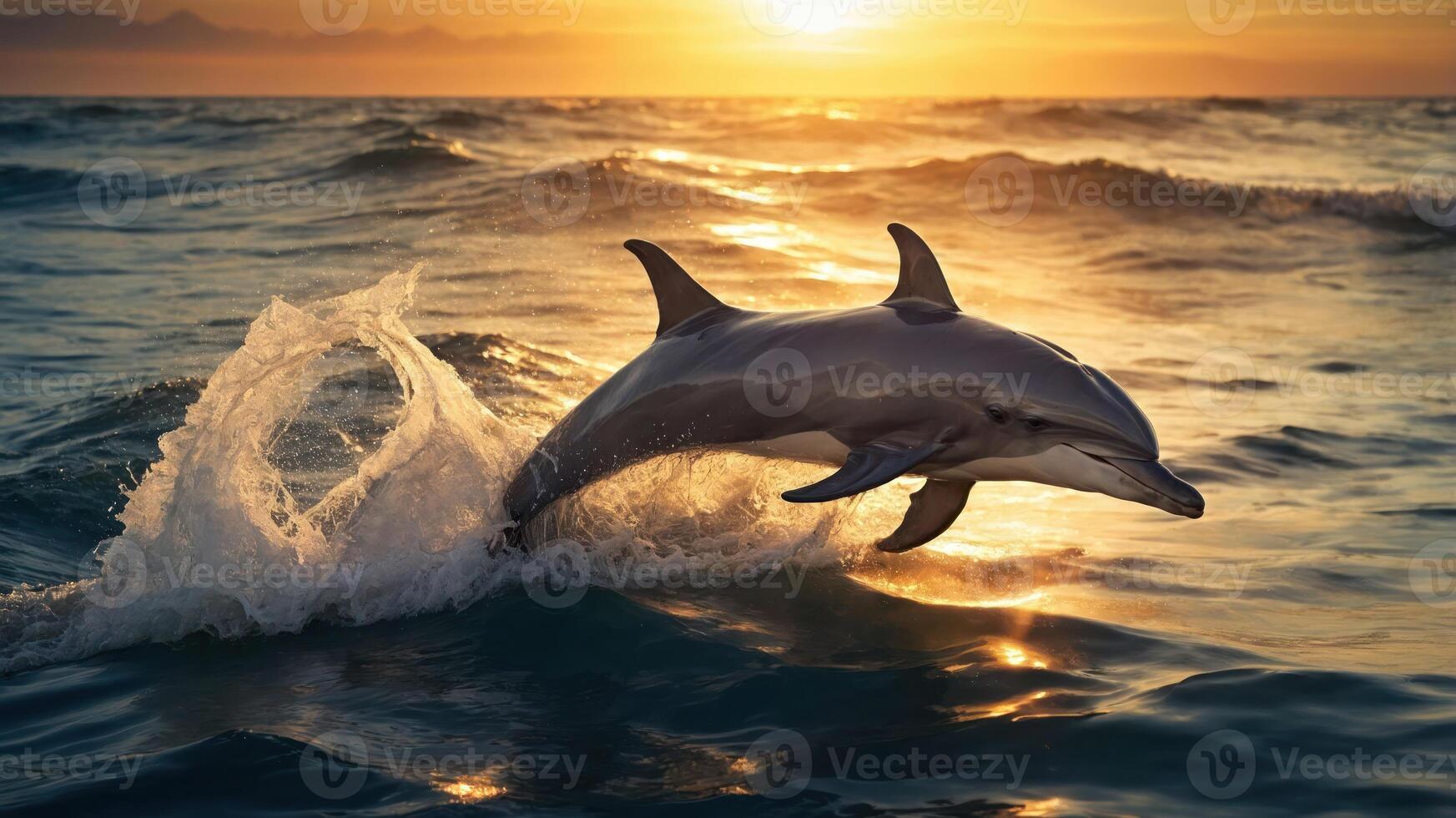 A dolphin leaps gracefully out of the ocean at sunset, creating a stunning silhouette. photo