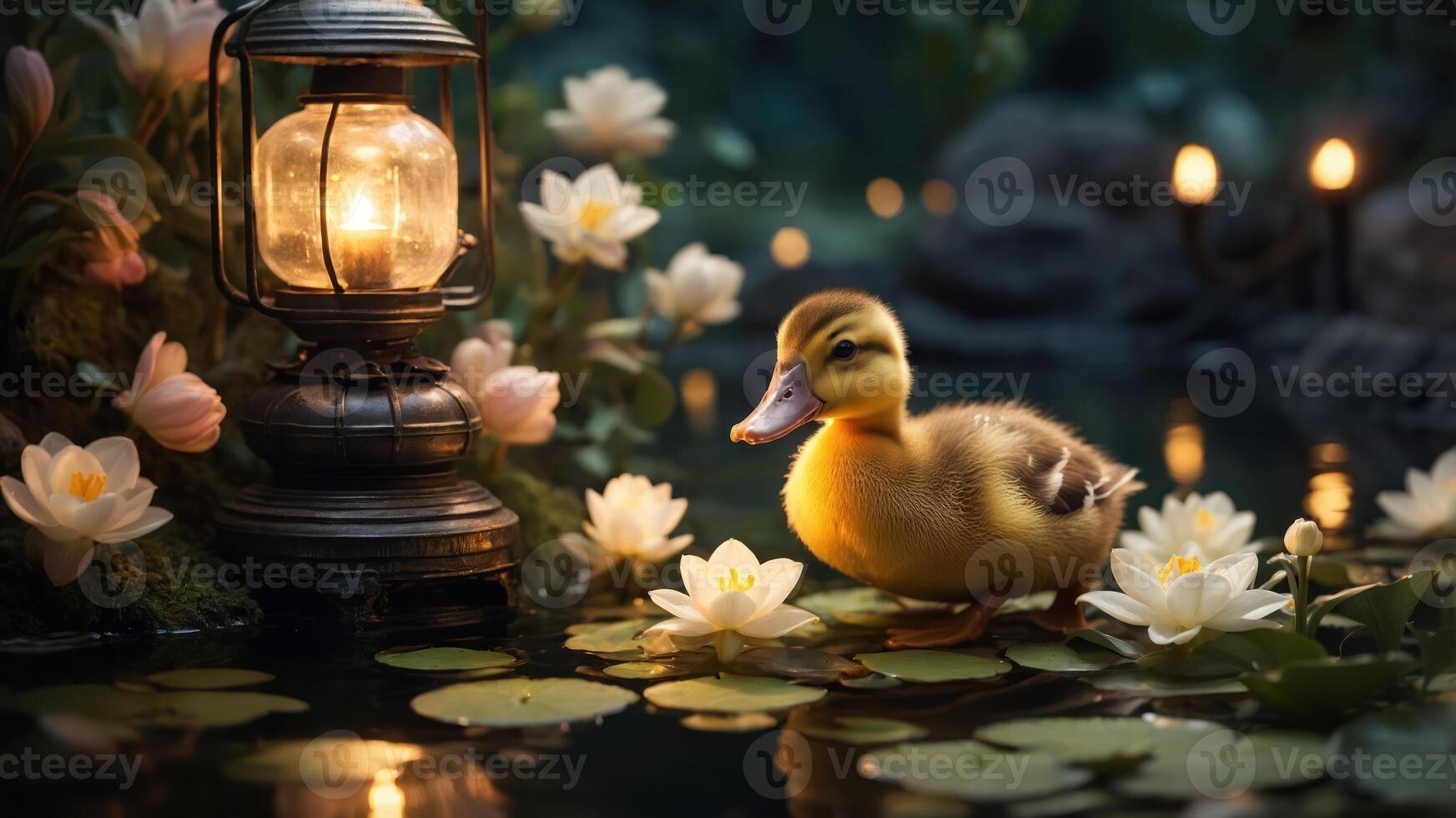 A duckling by a lantern near water lilies in a serene pond setting. photo