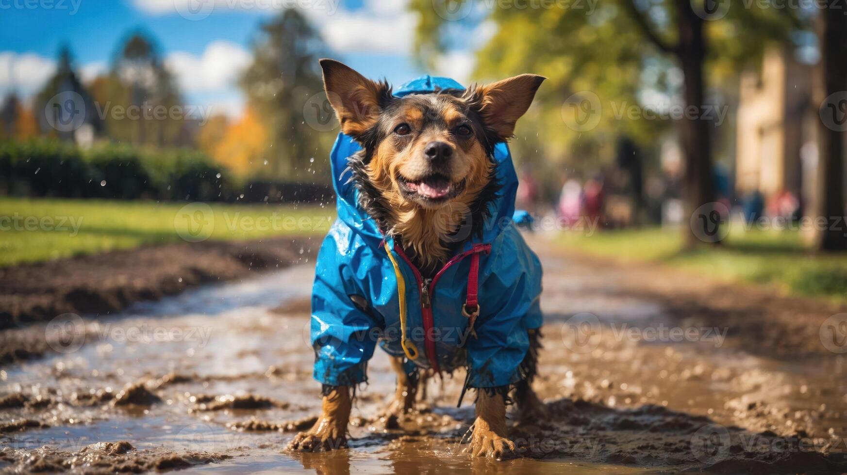 A happy dog in a blue raincoat splashes in a puddle on a sunny day. photo