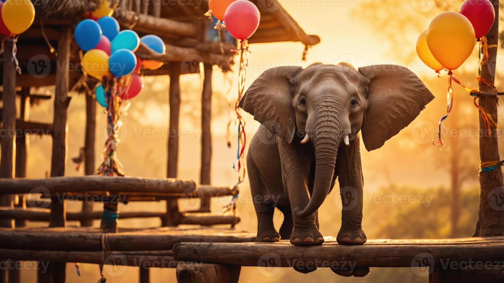 A playful elephant stands on a wooden platform decorated with colorful balloons at sunset. photo