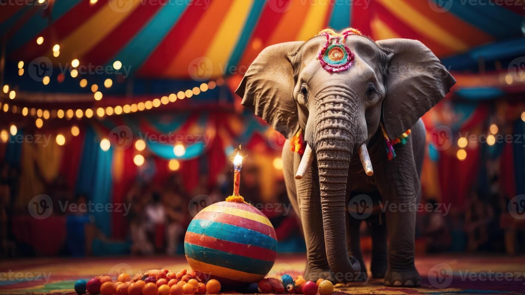 An elephant adorned with decorations stands in a colorful circus tent with a festive atmosphere. photo