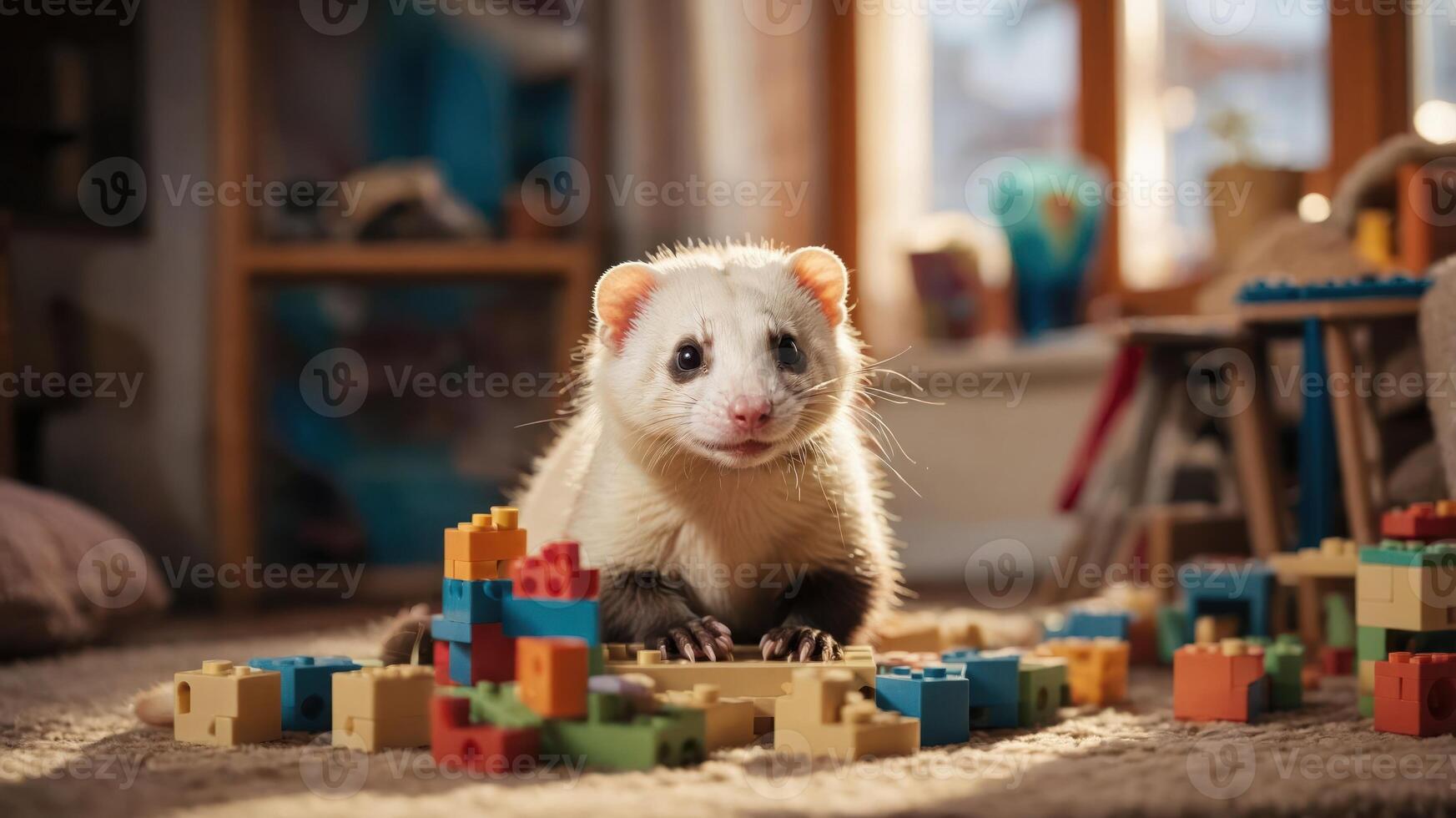 A playful ferret surrounded by colorful building blocks in a cozy indoor setting. photo