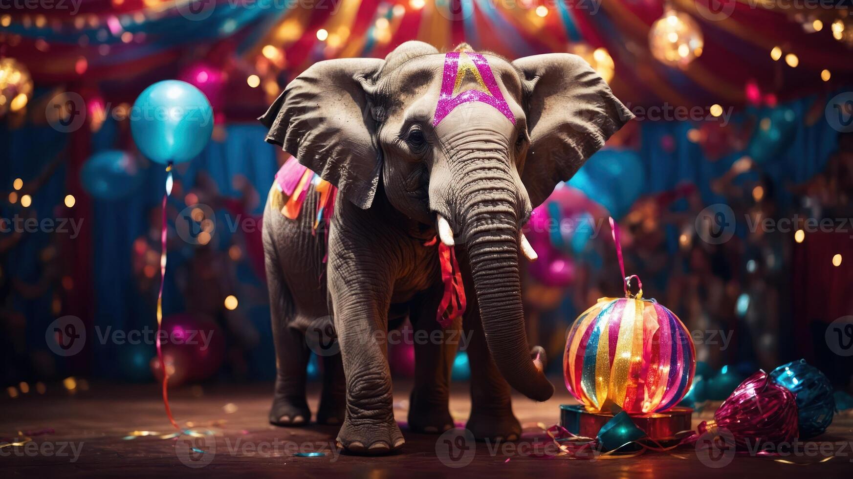 A festive elephant adorned with decorations amidst colorful balloons and party elements. photo