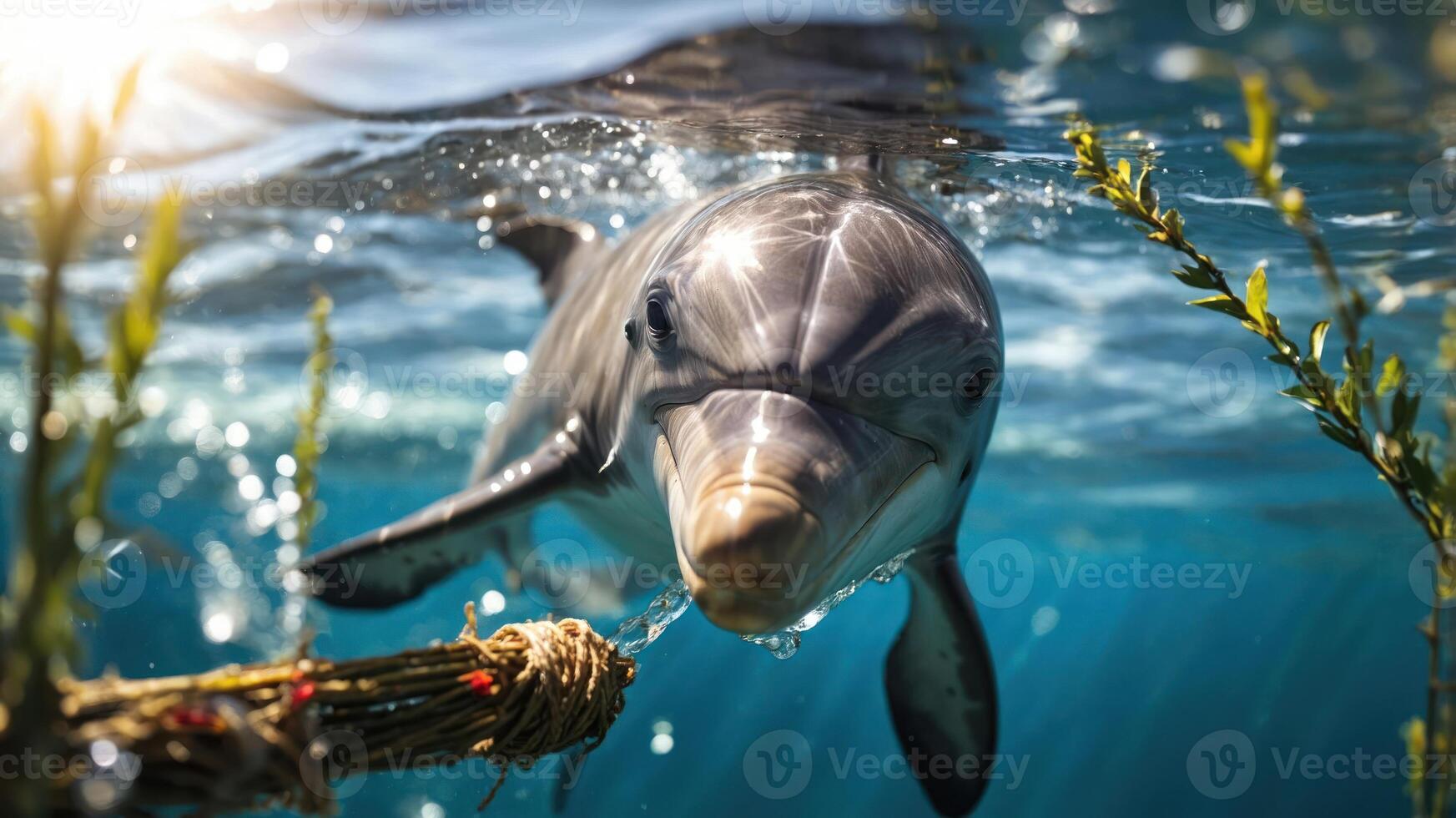 A dolphin swimming gracefully underwater, surrounded by bubbles and aquatic plants. photo