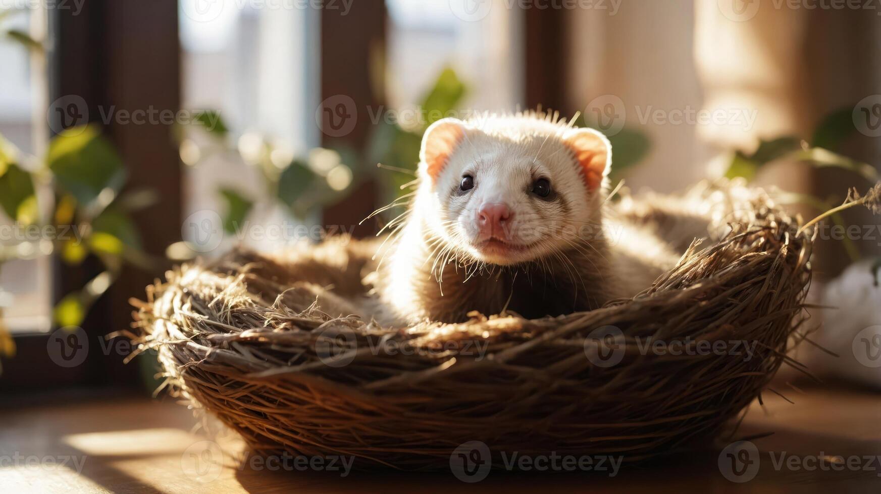 A ferret resting in a cozy nest surrounded by plants, basking in soft sunlight. photo
