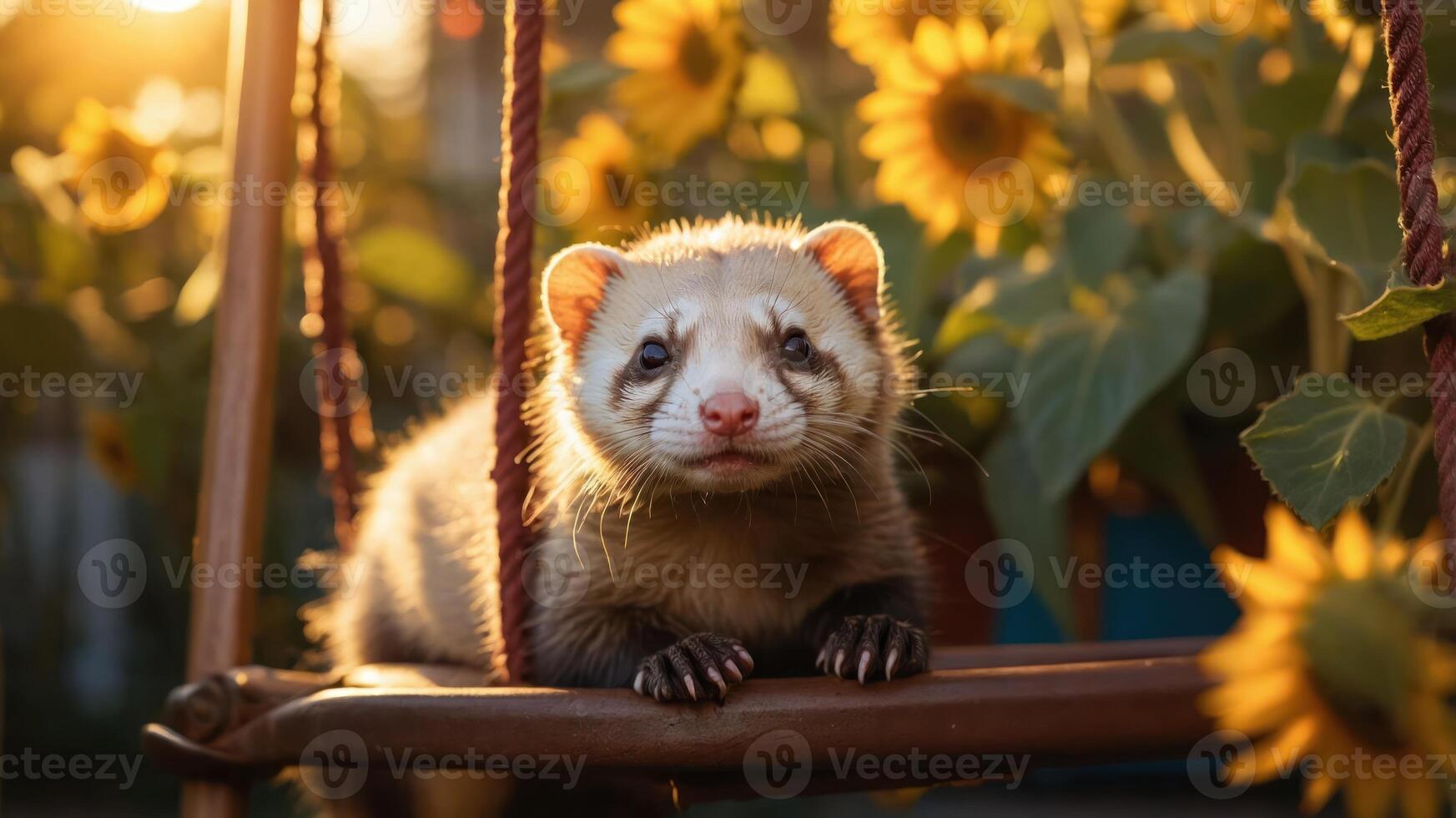 A ferret on a swing surrounded by vibrant sunflowers in a warm sunset glow. photo