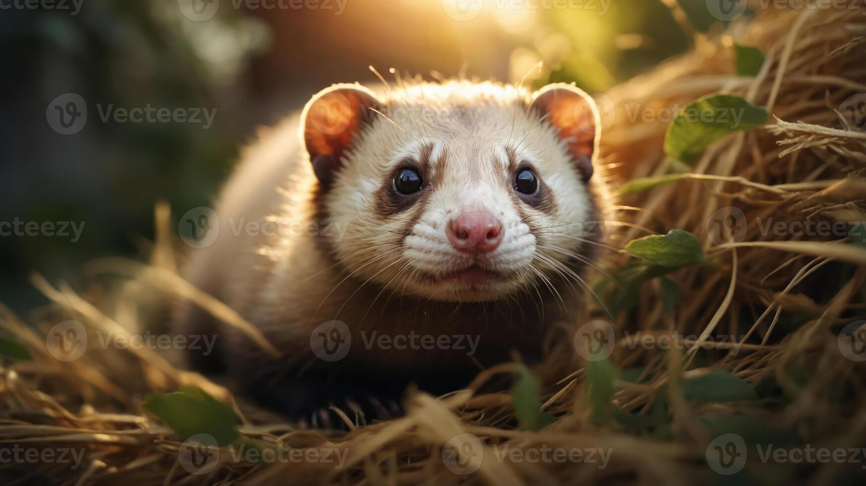 A close-up of a ferret resting on hay, illuminated by soft sunlight. photo