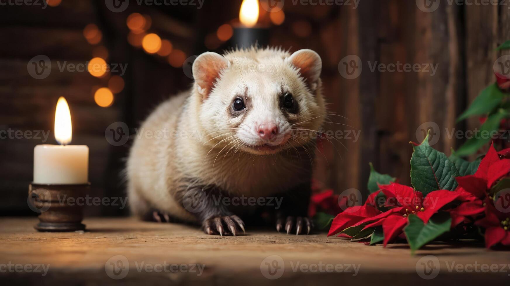 A cute ferret poses near a candle and festive poinsettias in a cozy setting. photo