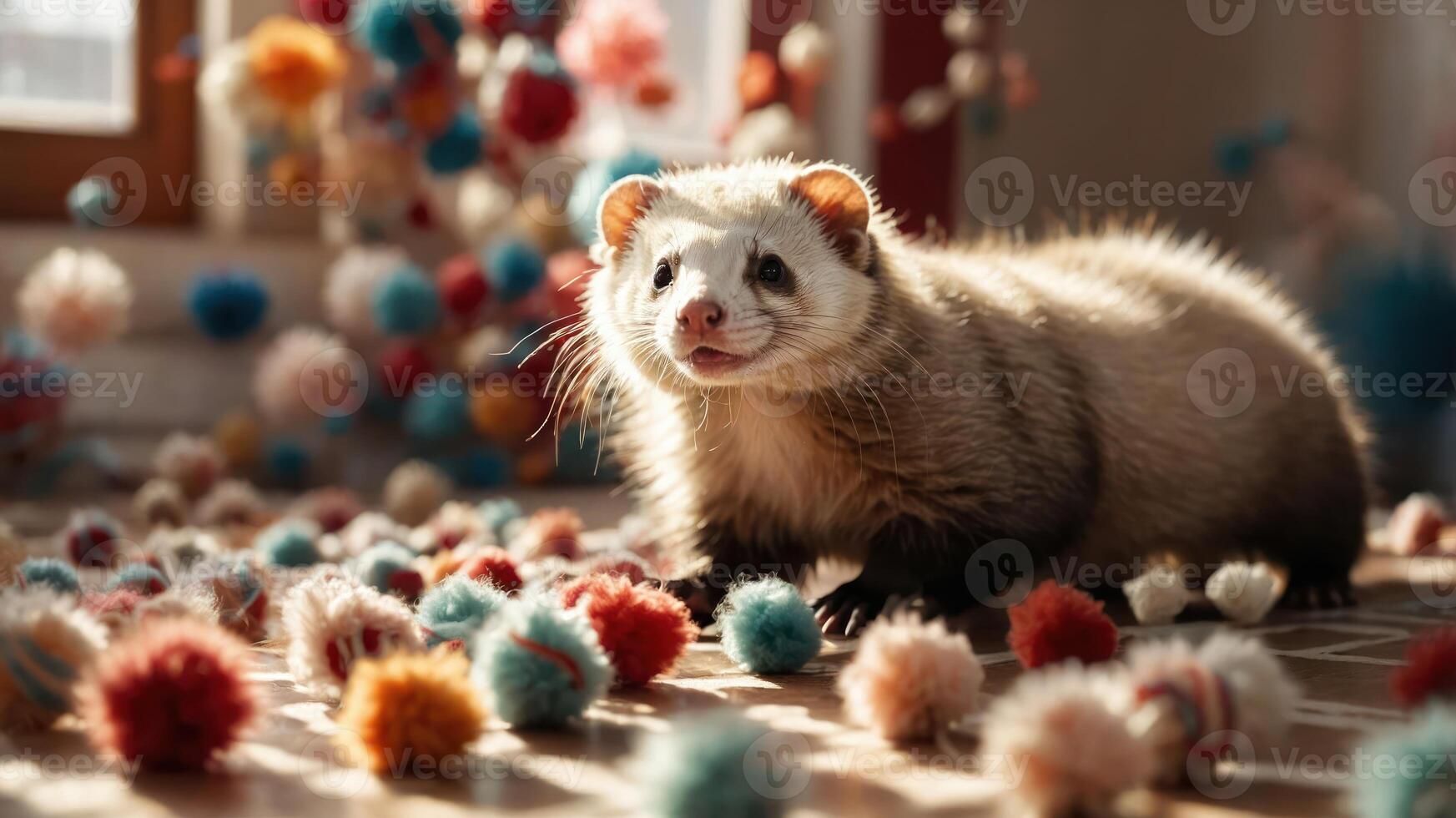 A playful ferret surrounded by colorful pom-poms in a bright, cozy space. photo