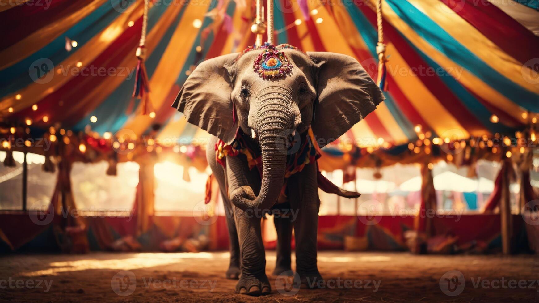 An elephant stands in a colorful circus tent, illuminated by warm lights. photo