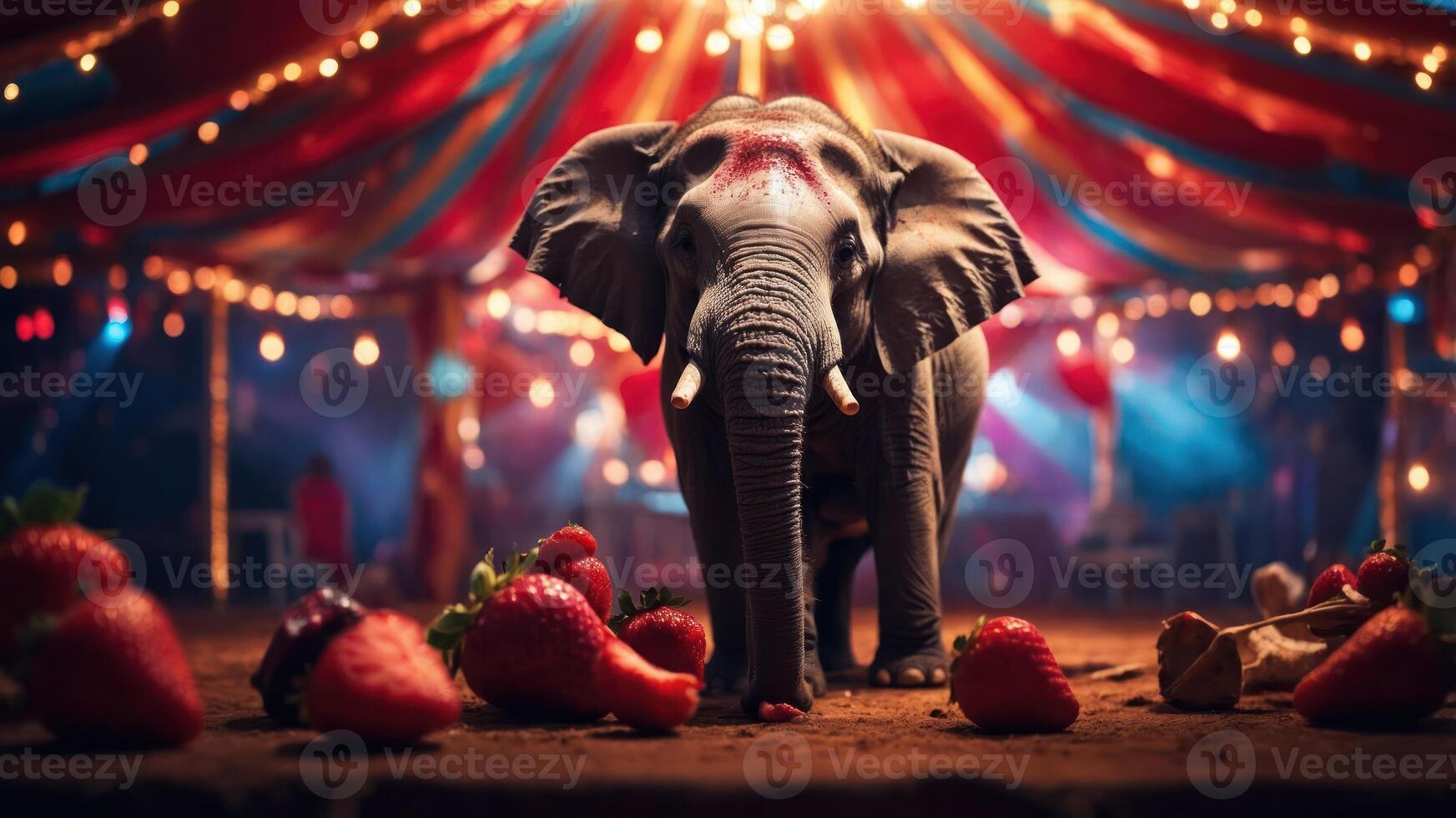 An elephant stands among strawberries under colorful circus lights. photo