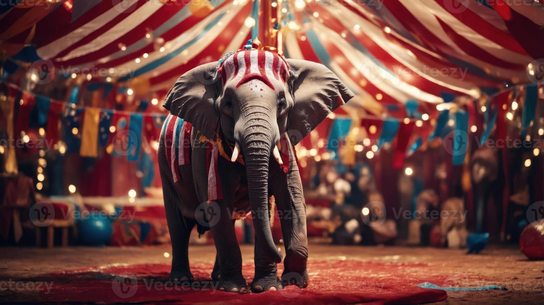 A circus elephant stands in a colorful tent, surrounded by festive decorations and lights. photo