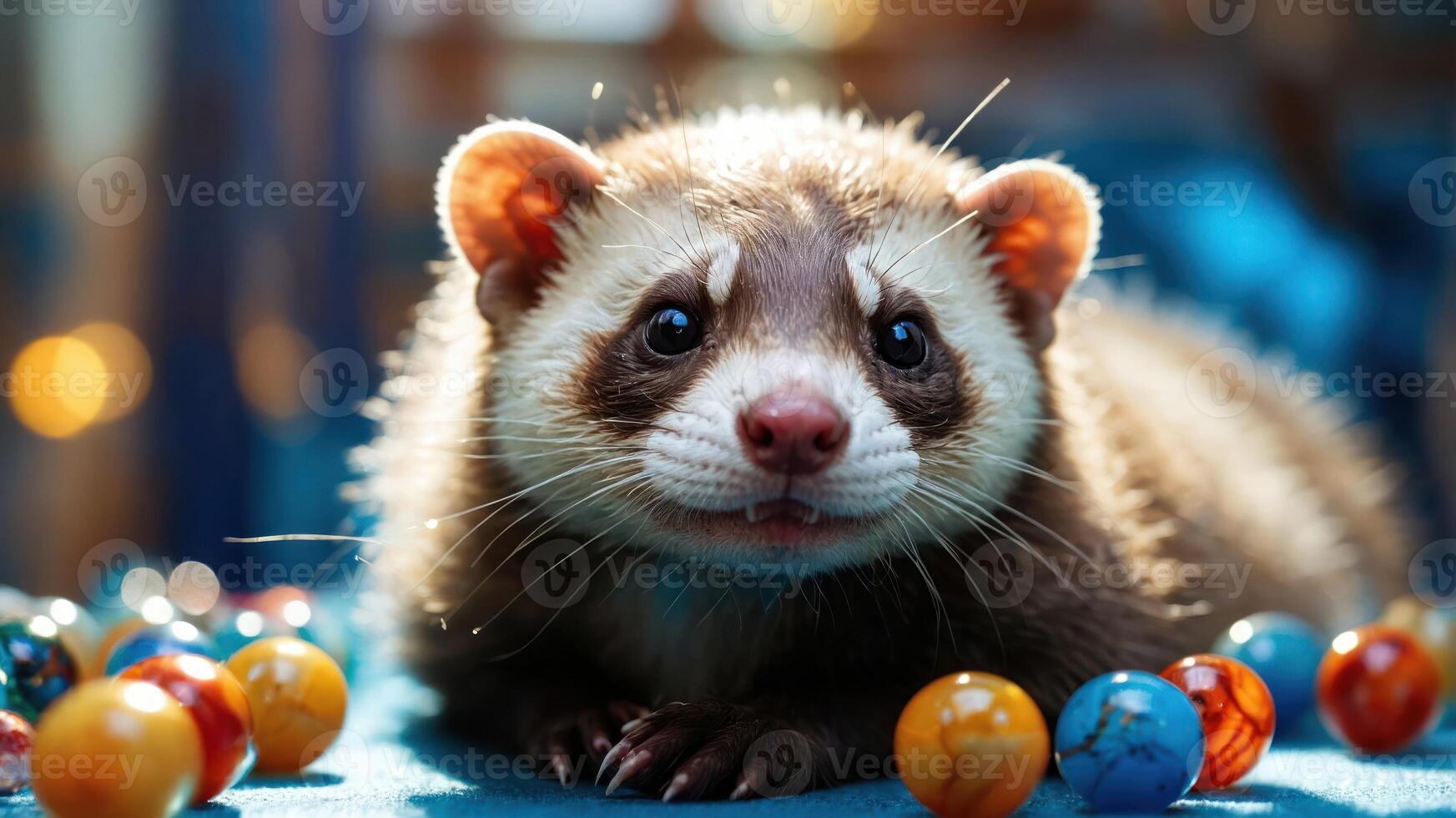 A close-up of a ferret surrounded by colorful marbles on a blue surface. photo