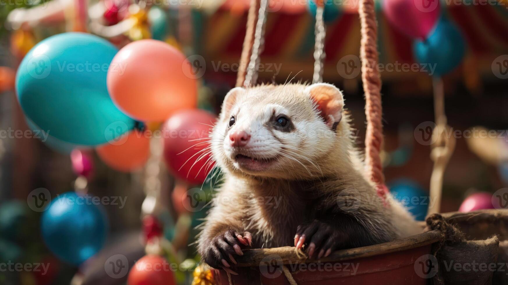 A ferret sitting in a basket surrounded by colorful balloons at a festive setting. photo