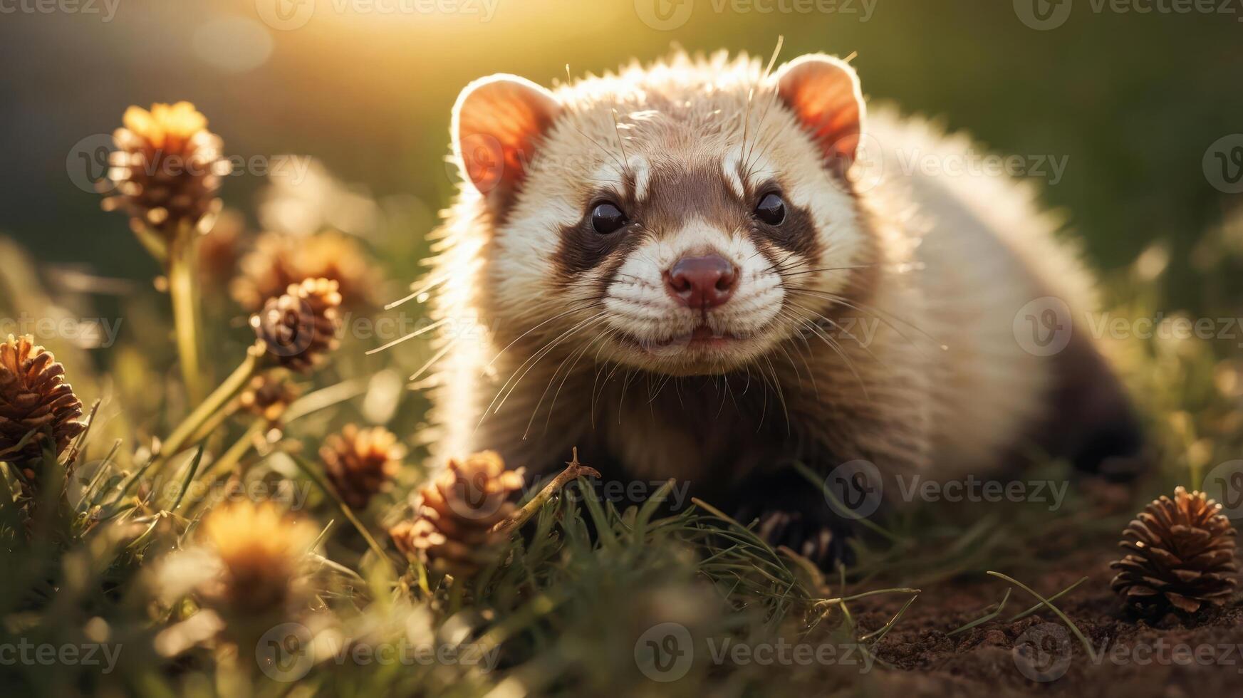 A cute ferret resting on grass with pine cones in a warm, sunlit environment. photo
