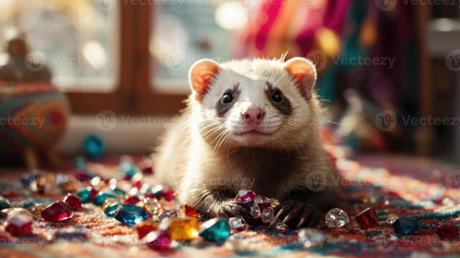 A ferret surrounded by colorful gems on a vibrant rug, exuding a playful and whimsical vibe. photo