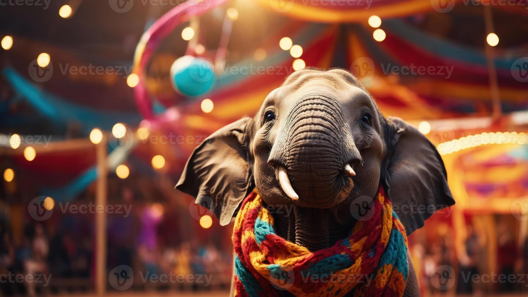 An elephant wearing a colorful scarf in a festive circus setting. photo