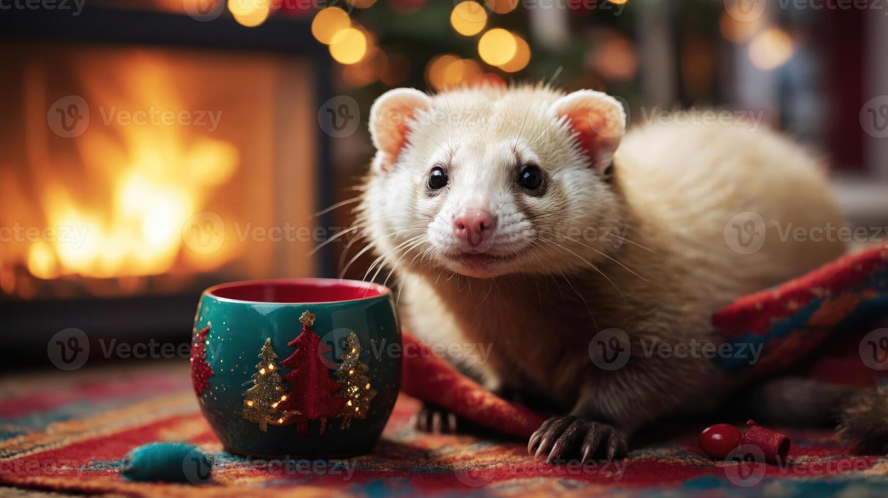 A ferret sits beside a festive cup in front of a cozy fireplace, surrounded by holiday decor. photo