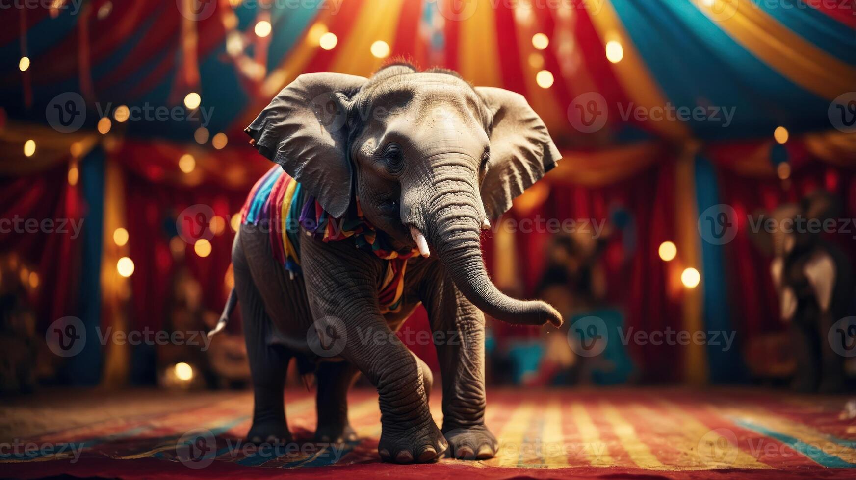 A young elephant in a colorful circus setting, surrounded by festive decorations and lights. photo