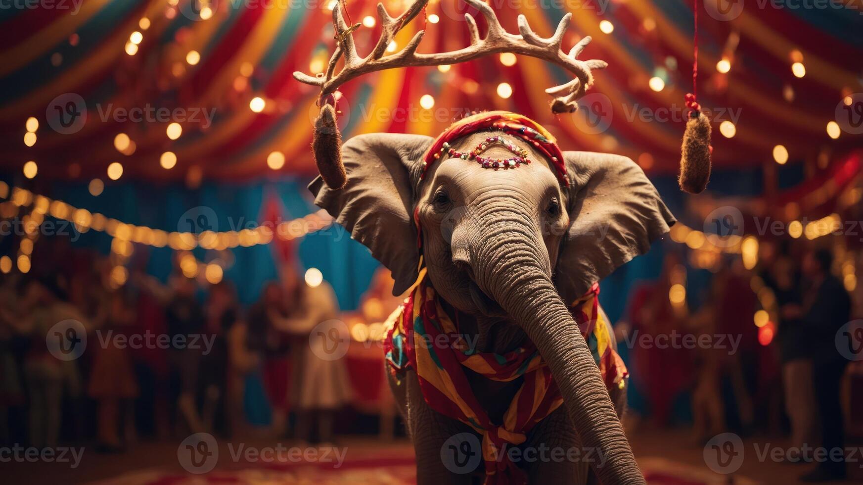 A festive elephant in a circus setting, adorned with decorations and surrounded by a lively crowd. photo