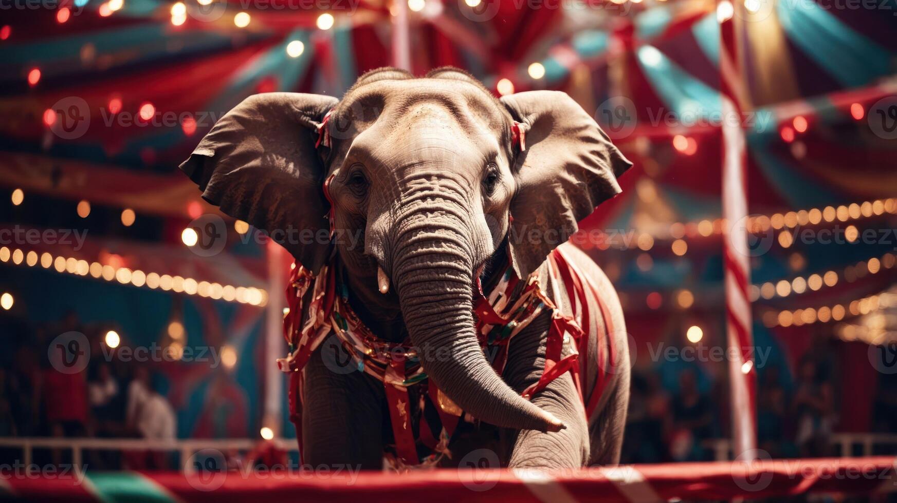 An elephant performs in a vibrant circus setting, surrounded by colorful decorations and lights. photo