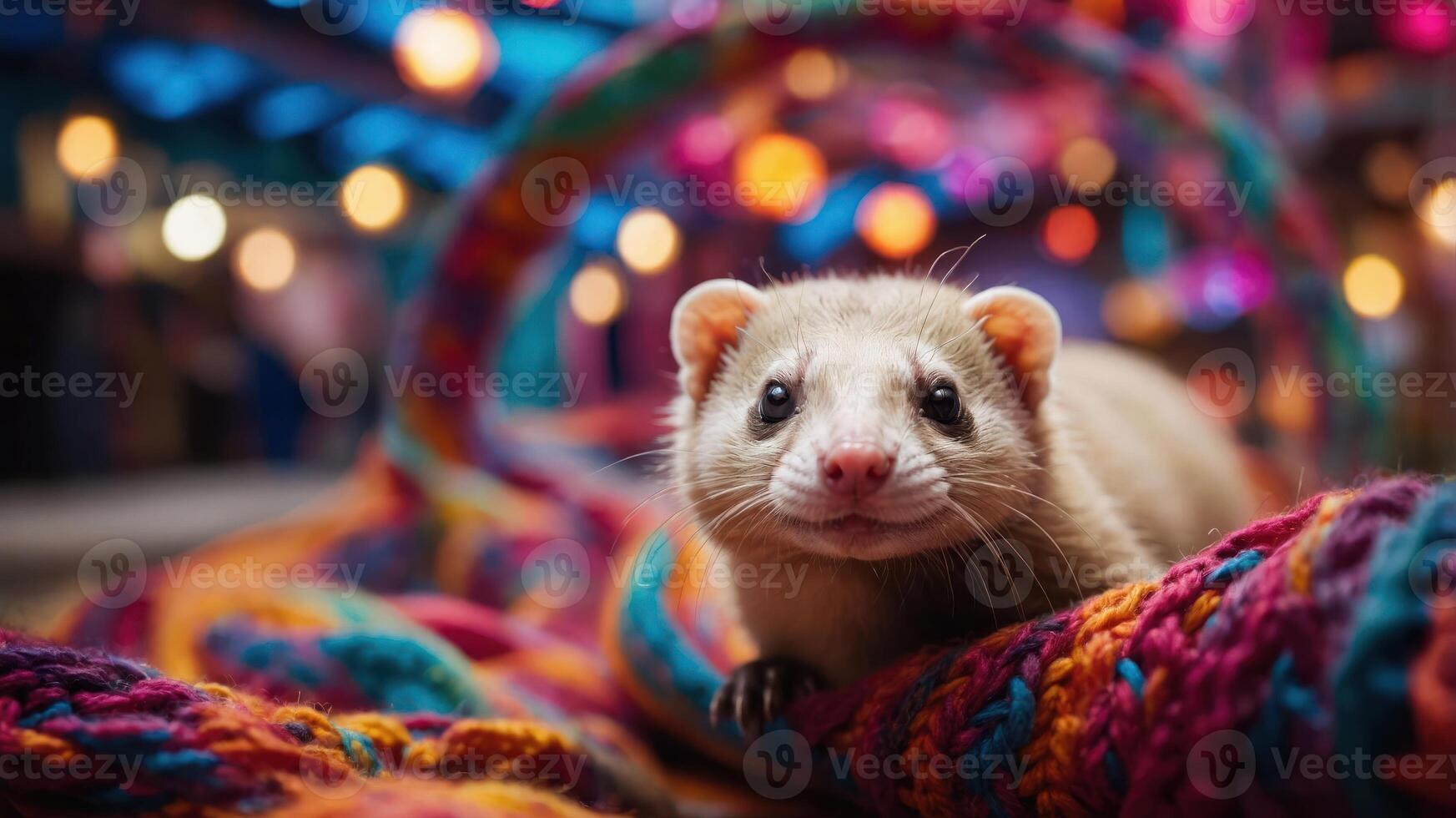 A cute ferret resting on a colorful woven blanket with vibrant lights in the background. photo