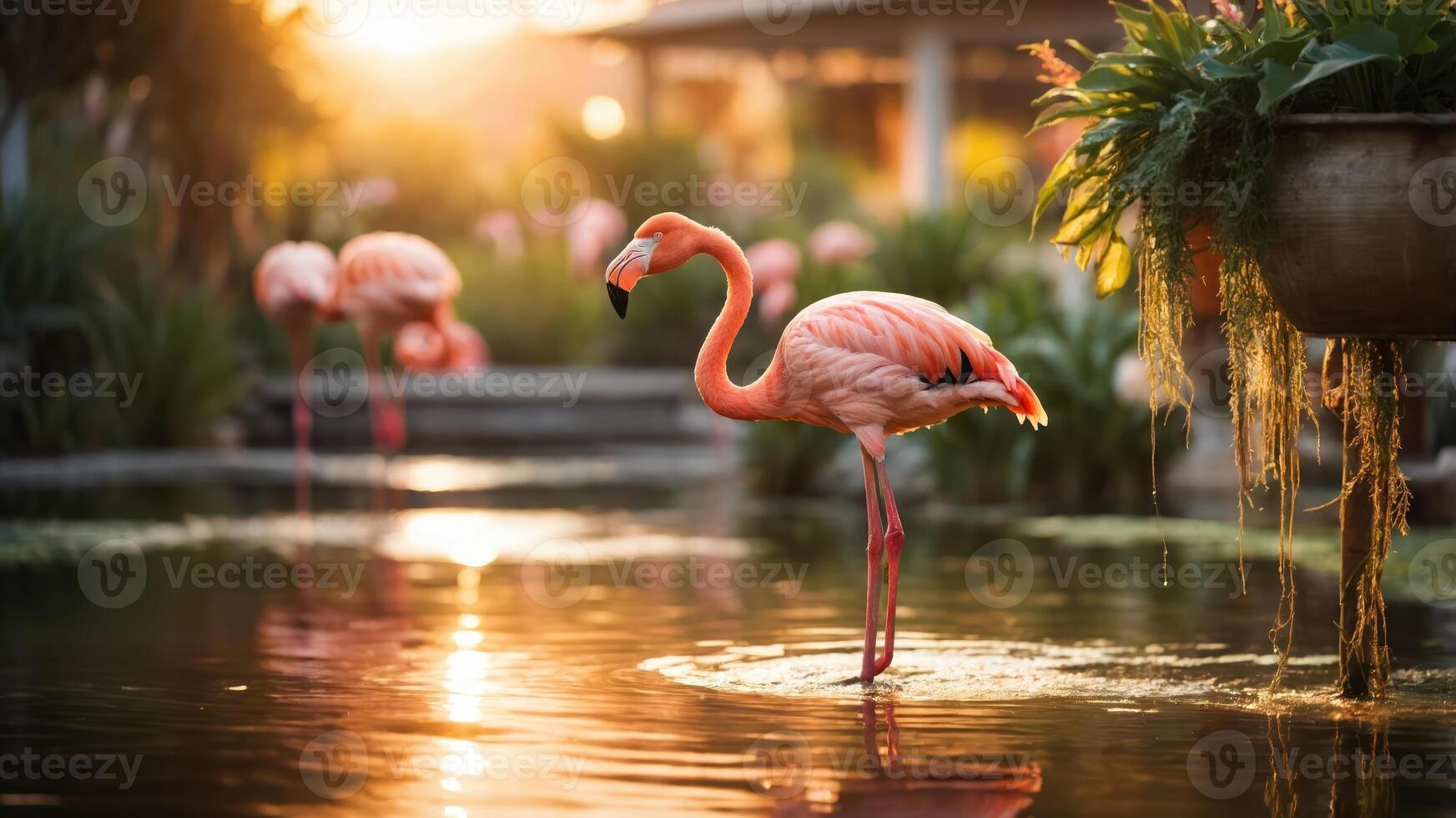 A serene scene featuring a pink flamingo standing in a tranquil pond at sunset. photo