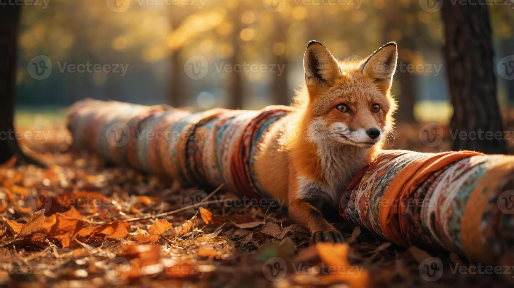 A fox resting on a colorful log amidst autumn leaves, showcasing nature's beauty. photo
