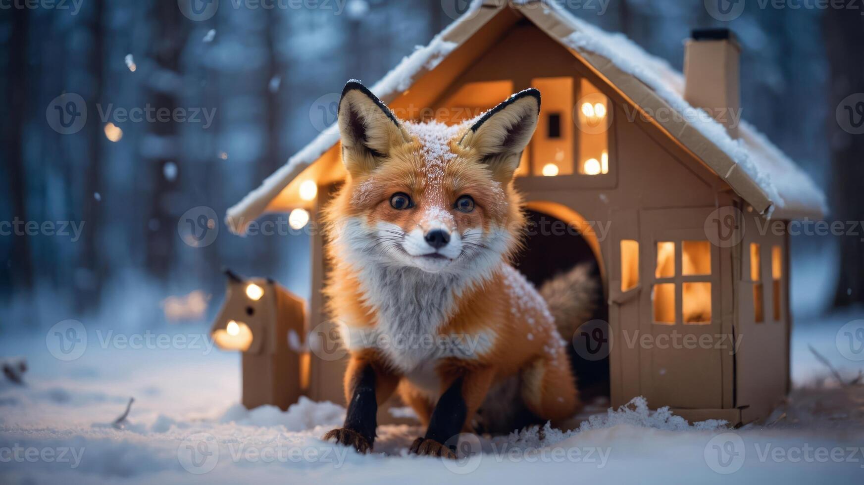A fox stands outside a cozy wooden house in a snowy forest setting. photo