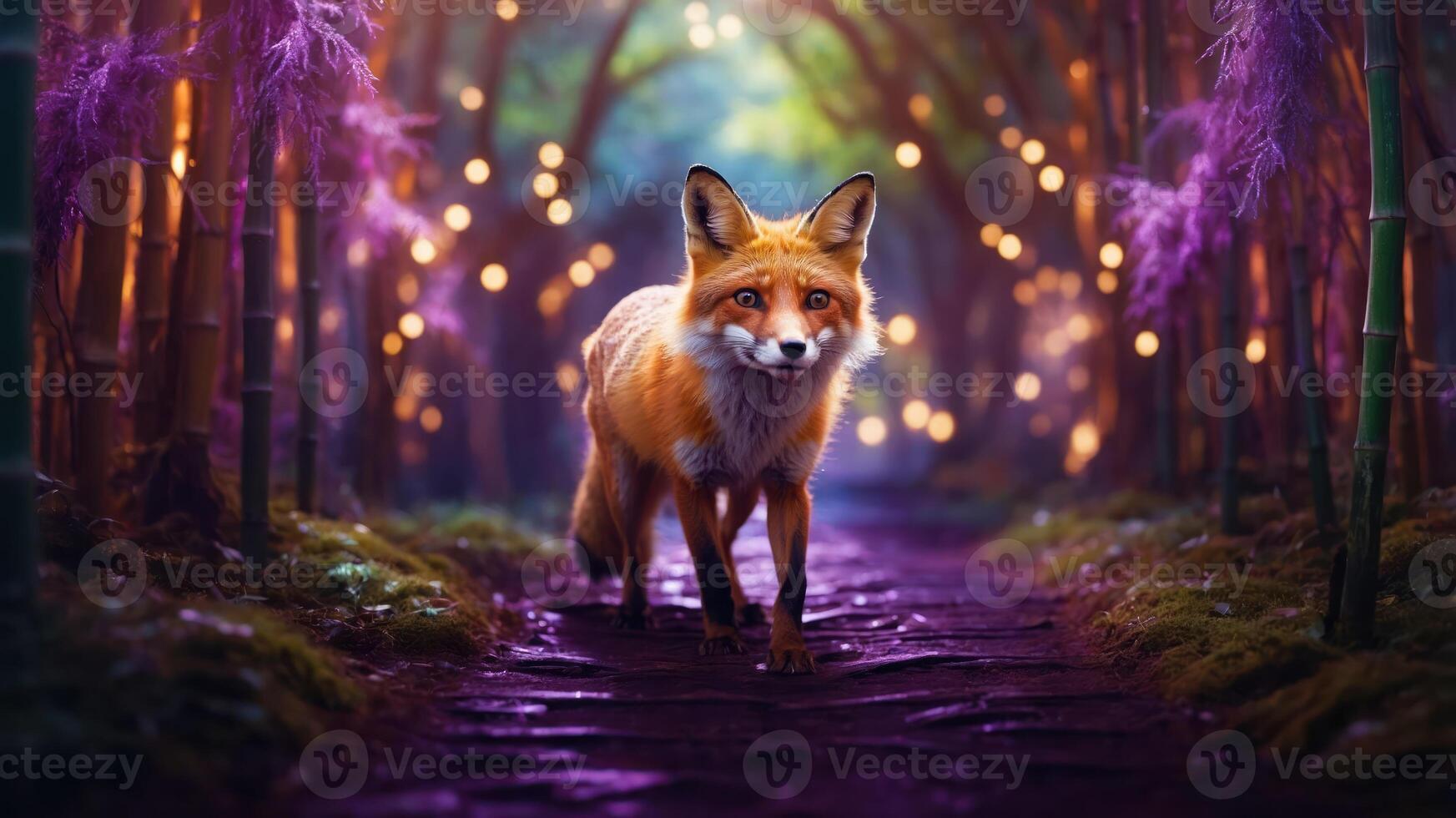 A fox walks through a magical, illuminated forest path surrounded by vibrant purple foliage. photo