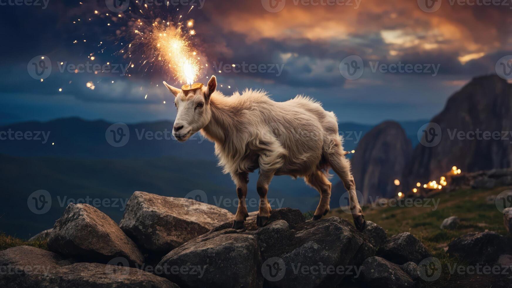 A goat stands on rocks with sparks emitting from its head against a dramatic sky. photo