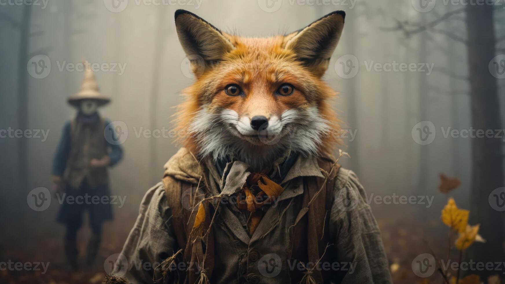 A fox in a vintage outfit stands in a foggy forest, with a figure in the background. photo