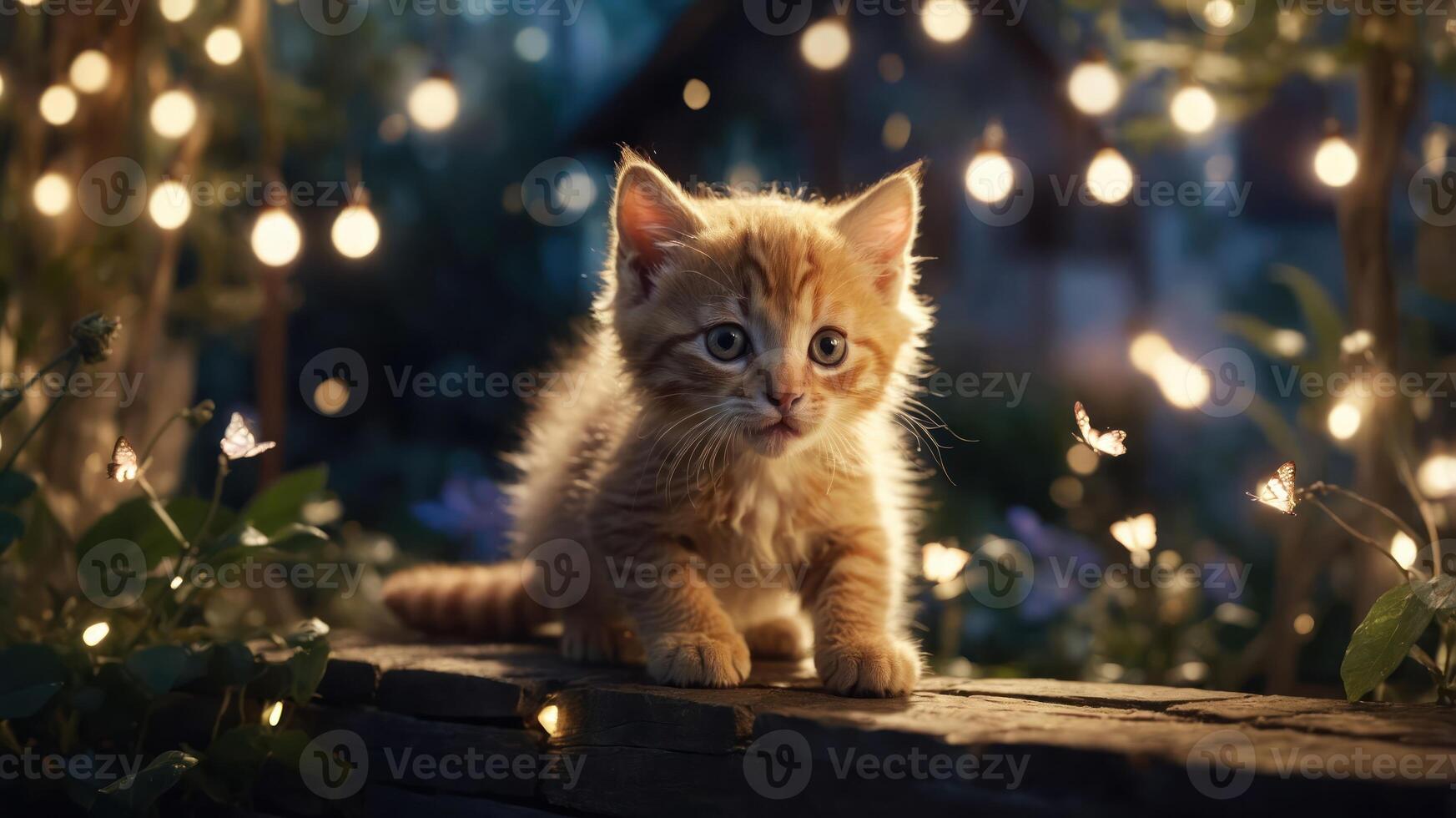 A curious orange kitten surrounded by glowing lights in a serene outdoor setting. photo