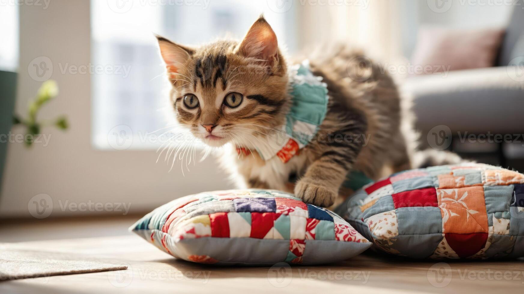 A playful cat explores colorful cushions in a sunlit room. photo
