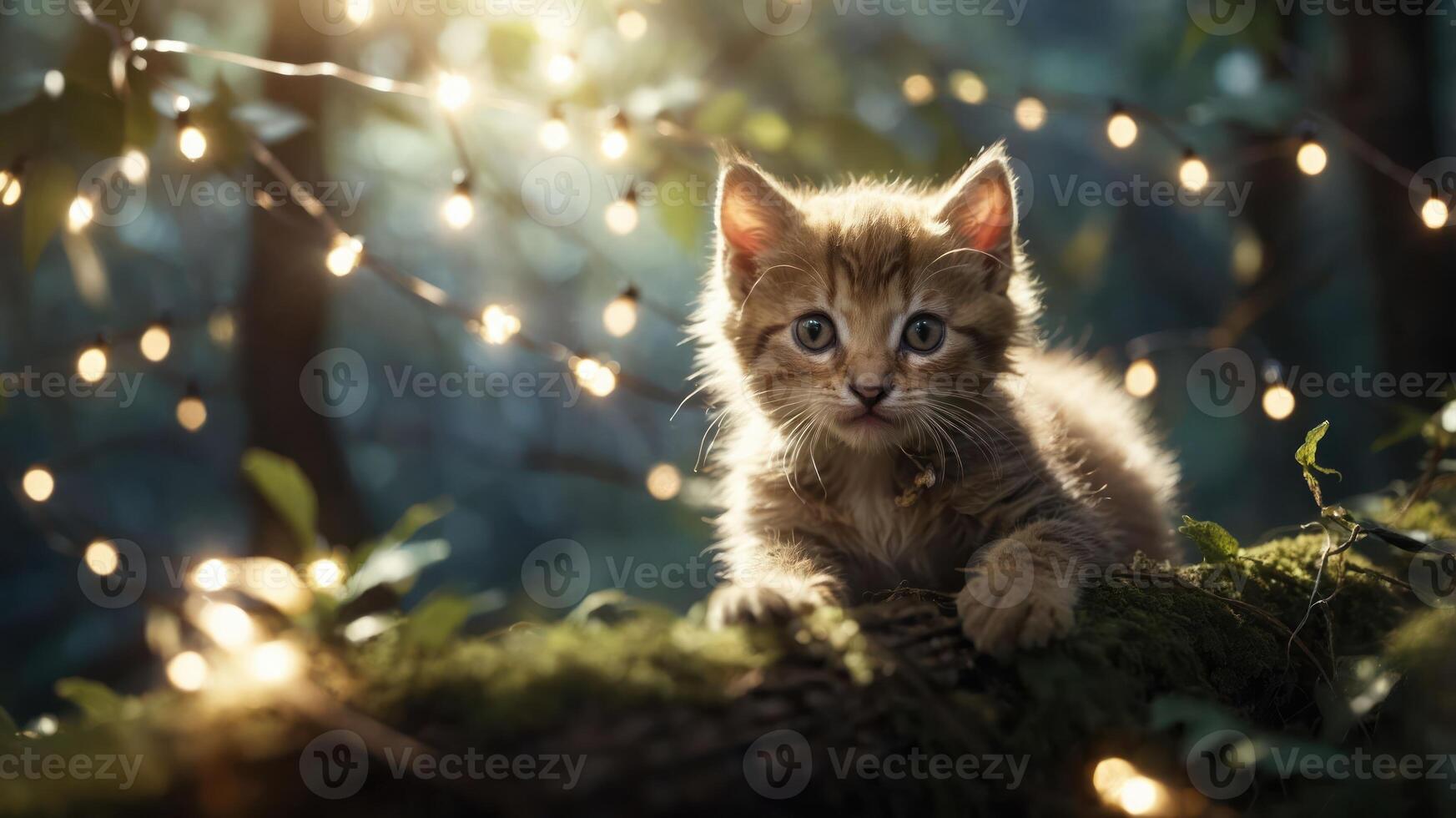 A playful kitten sits on a mossy log surrounded by soft, glowing lights in a forest setting. photo