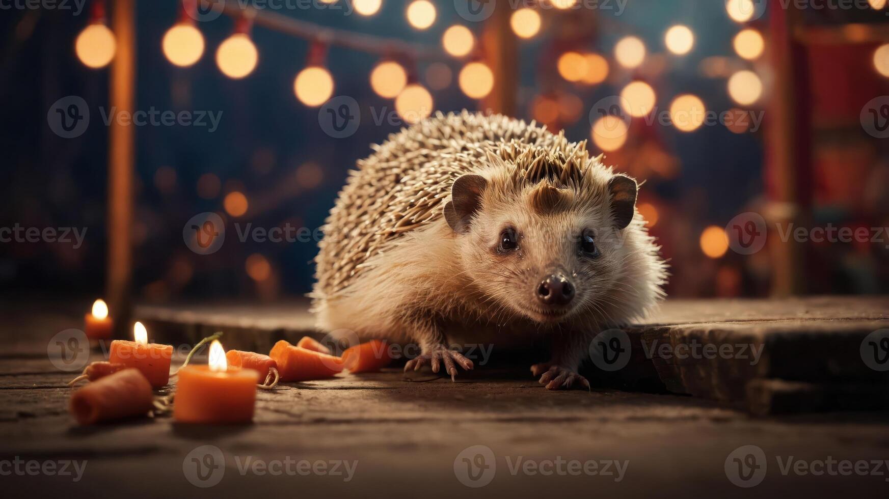 A hedgehog surrounded by candles and carrots, set against a festive, illuminated backdrop. photo