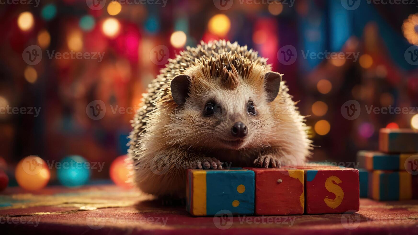A cute hedgehog poses with colorful blocks in a vibrant, festive setting. photo