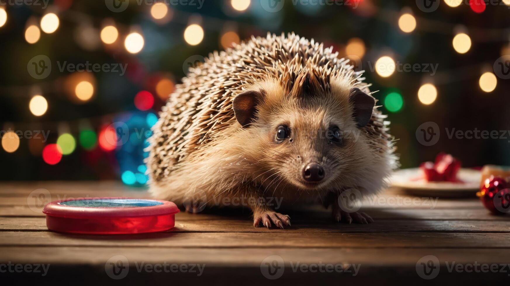 A hedgehog sits on a table with festive decorations and a colorful background. photo