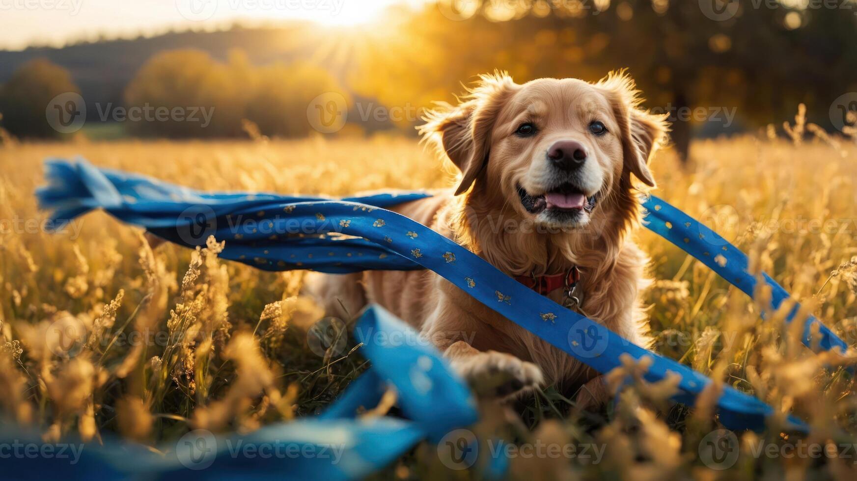 A joyful dog playing in a sunlit field with a blue scarf. photo