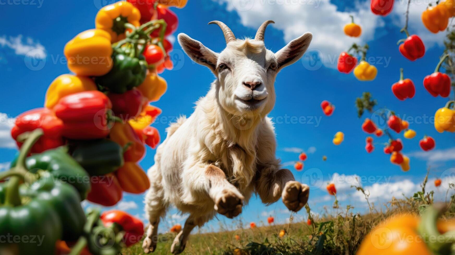 A playful goat jumps amidst colorful peppers under a bright blue sky. photo