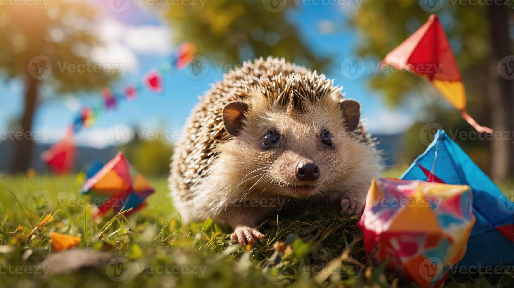 A hedgehog explores a vibrant outdoor setting filled with colorful decorations. photo