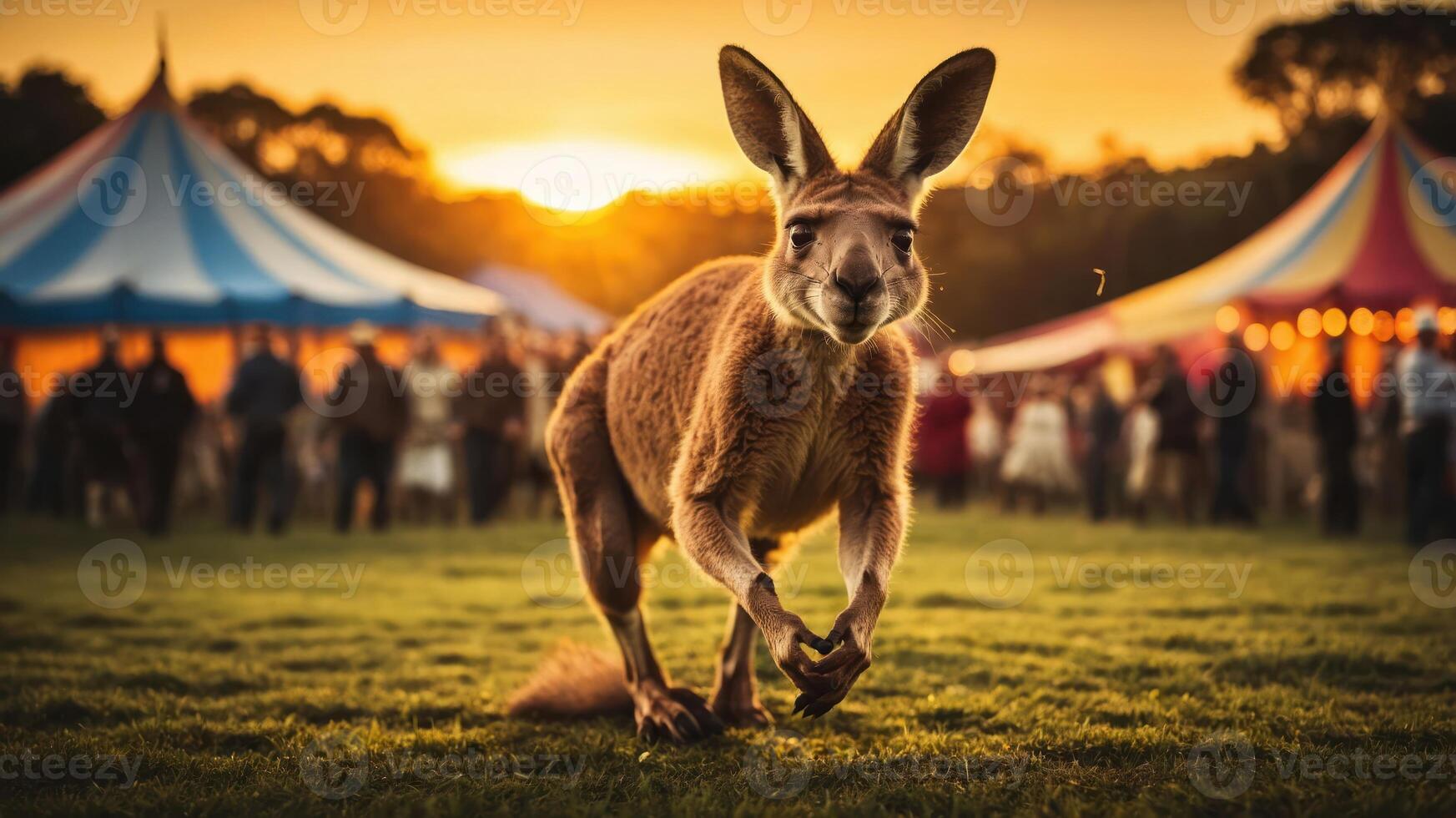 A kangaroo hops toward the camera in a lively outdoor setting at sunset, with tents in the background. photo