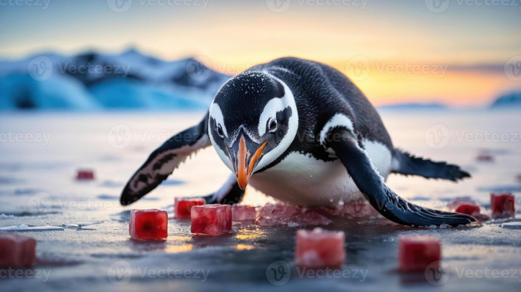 A penguin interacts with colorful ice cubes on a frozen landscape during sunset. photo